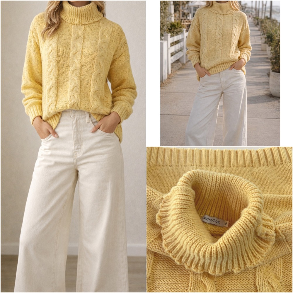 Vintage 90s Chunky Cable Knit Turtleneck Sweater XL Butter Yellow Fisherman Cozy - Picture 2 of 11